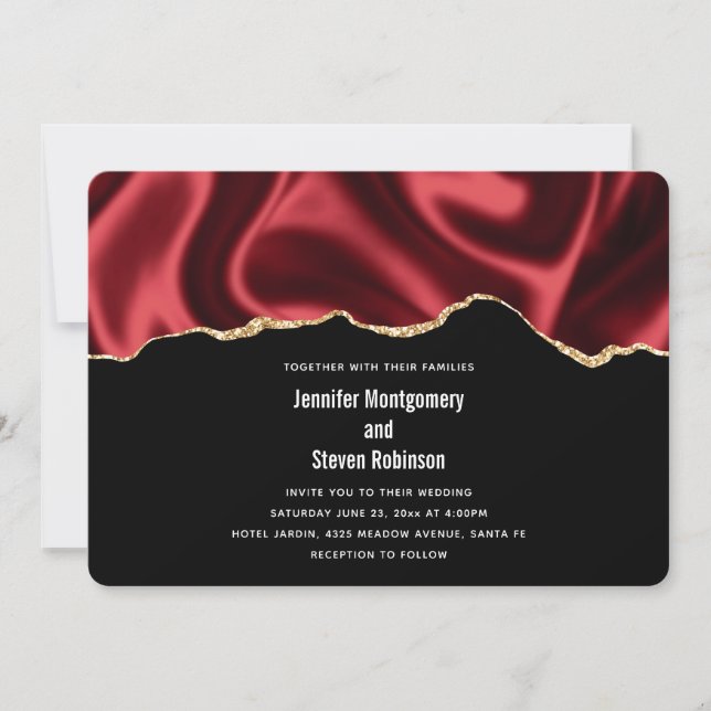 Dark Red Glam Wavy Satin Abstract Design Wedding Invitation (Front)