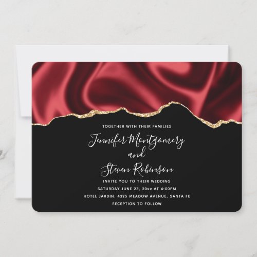 Dark Red Glam Wavy Satin Abstract Design Wedding Invitation