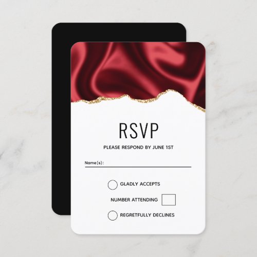 Dark Red Glam Wavy Satin Abstract Design Wedding RSVP Card