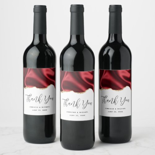 Dark Red Glam Wavy Satin Abstract Design Wedding Wine Label