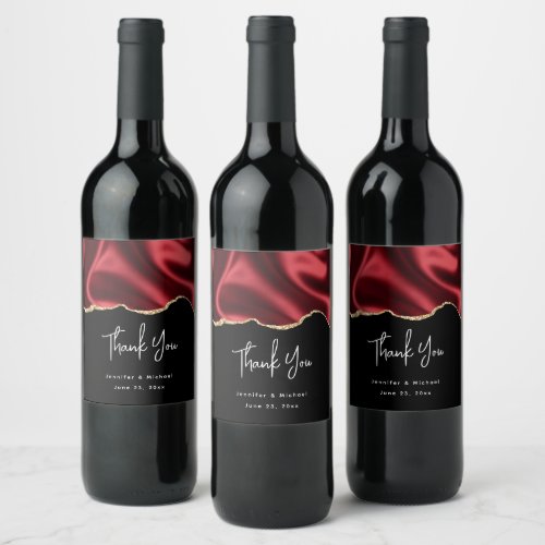 Dark Red Glam Wavy Satin Abstract Design Wedding Wine Label