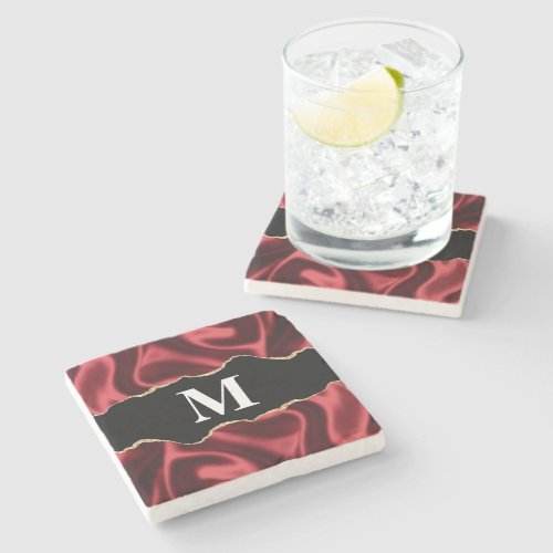 Dark Red Glam Wavy Satin Abstract Monogram Stone Coaster