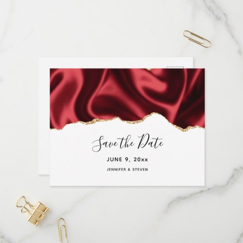 Dark Red Glam Wavy Satin Design _ Save the Date Invitation Postcard