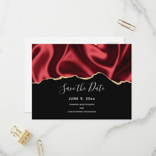 Dark Red Glam Wavy Satin Design - Save the Date Invitation Postcard (Front/Back In Situ)