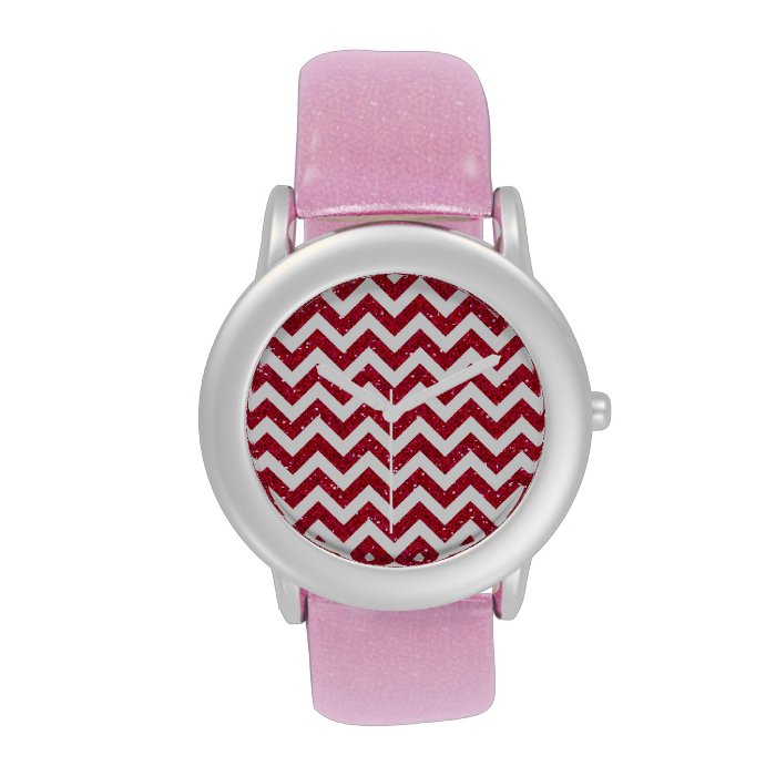 Dark Red Glitter Chevron Pattern Wrist Watch