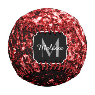 Dark red glitter sparkle bling Monogram name Baseball