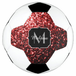 Dark red glitter sparkle bling Monogram name Soccer Ball