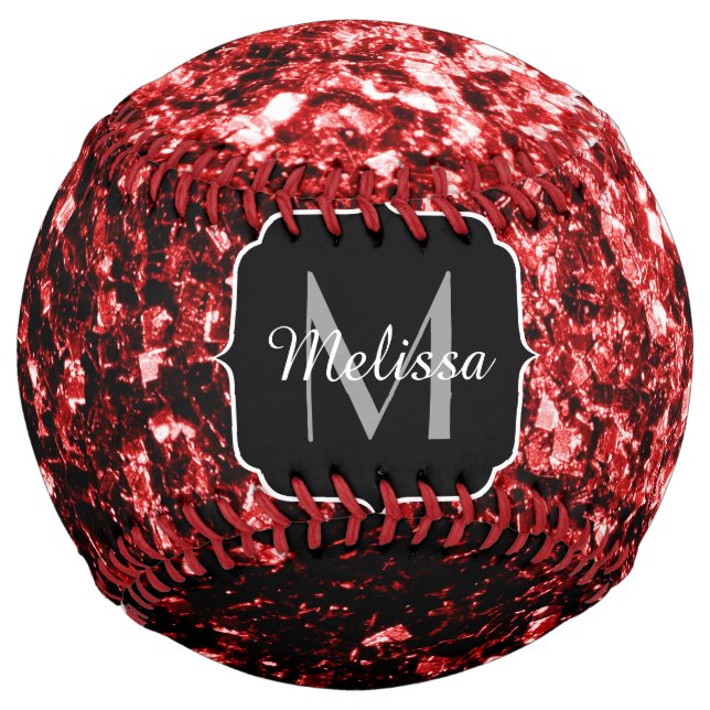 Dark red glitter sparkle bling Monogram name Softball (Front)