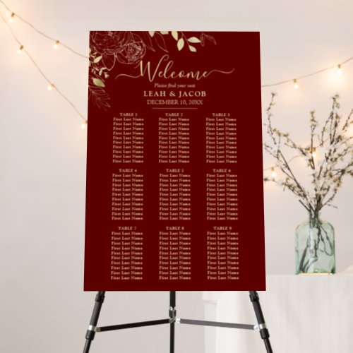 Dark Red Gold 9 Table Floral Wedding Seating Chart Foam Board