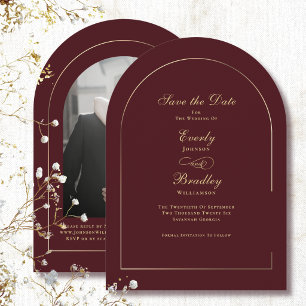 Dark Red Gold Arch Wedding Save the Date Invitation