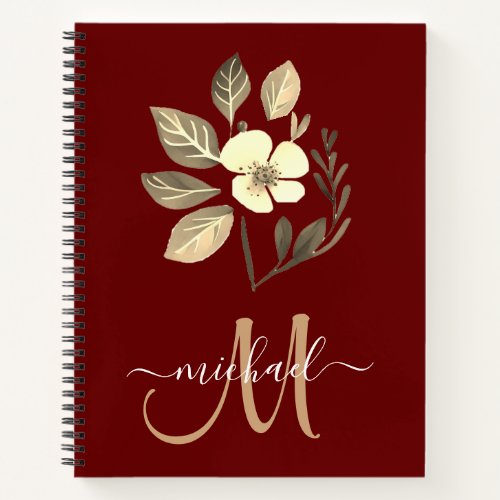 Dark Red  Gold Boho Floral Custom Monogram Name Notebook