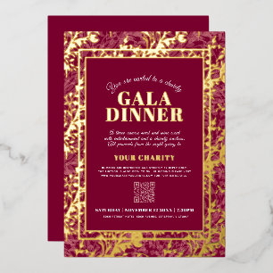Dark red gold botanical pattern gala dinner event foil invitation
