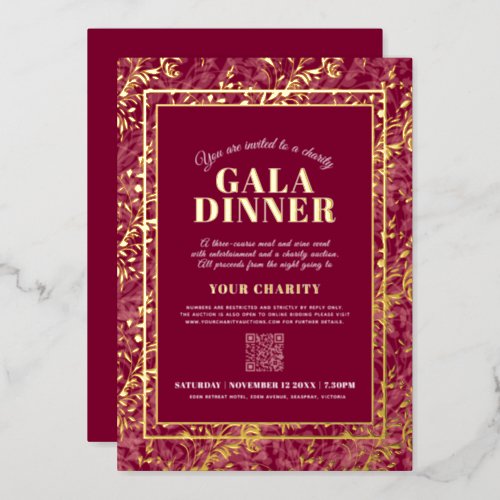 Dark red gold botanical pattern gala dinner event foil invitation