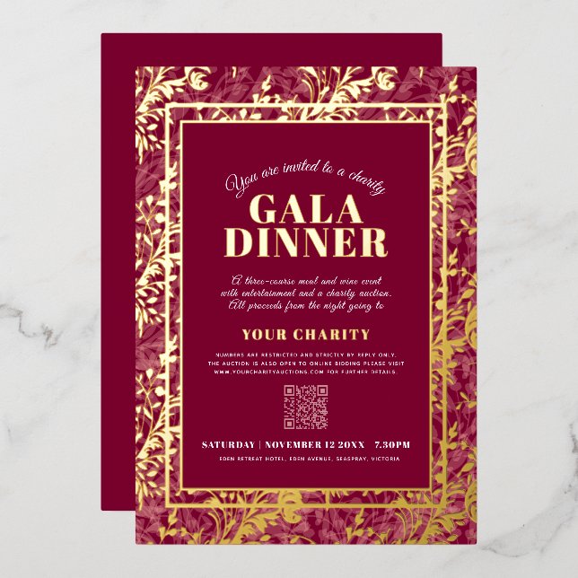 Dark red gold botanical pattern gala dinner event foil invitation (Front/Back)