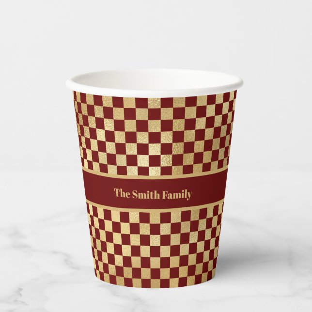 Dark Red Gold Checkered Paper cup (Front)