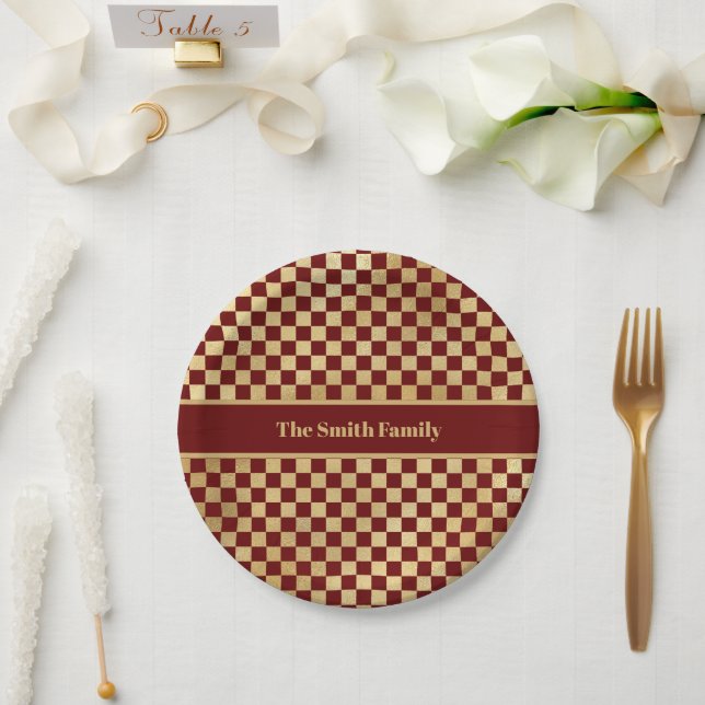 Dark Red Gold Checkered Paper Plate (Wedding)