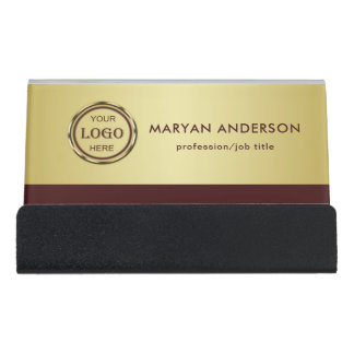 Dark-red gold design,Logo or Photo in gold circle, Desk Business Card Holder