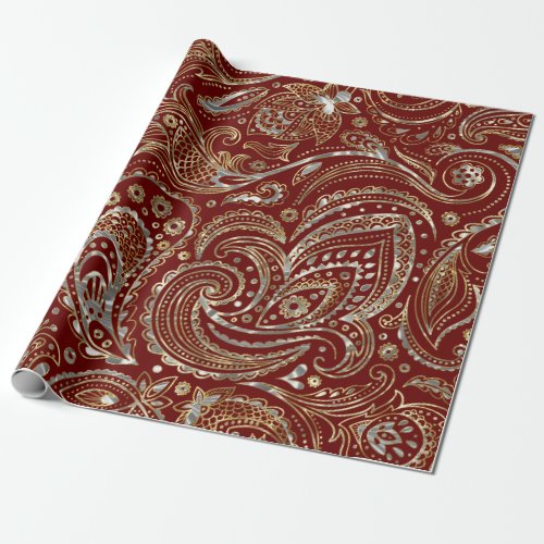 Dark_red  Gold Floral Paisley Wrapping Paper