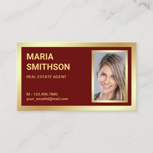 Dark Red Gold Foil Real Estate Realtor Photo Business Card
