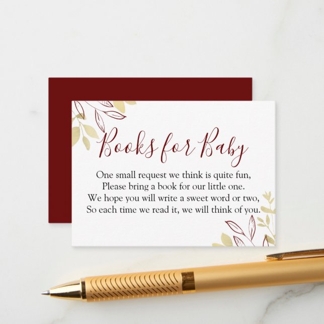 Dark Red & Gold Foliage Baby Shower Book Request Enclosure Card (Front/Back In Situ)