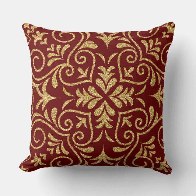 Dark Red & Gold Glitter Floral Moroccan Motive Throw Pillow (Front)