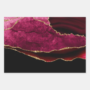 Dark Red & Gold Glitter Marble Agate Wrapping Paper Sheets