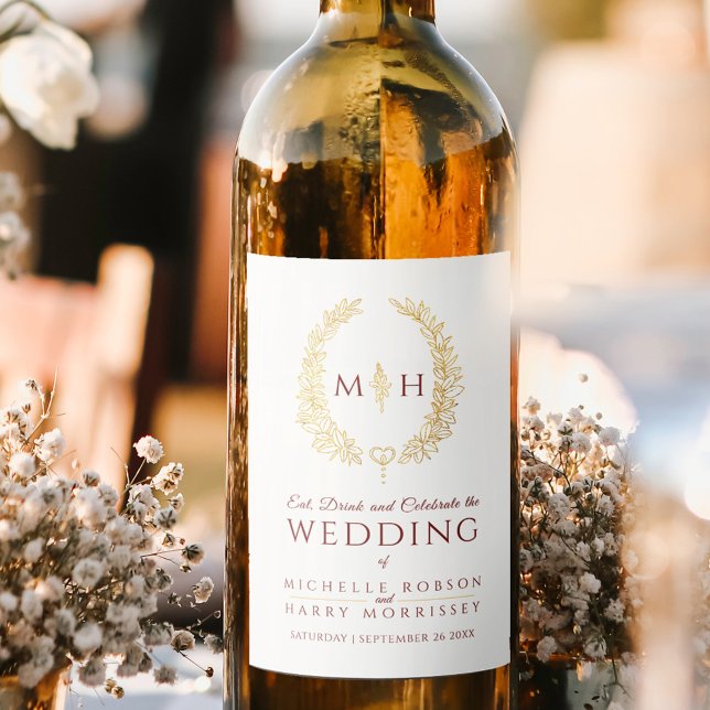 Dark red Gold hand drawn leaf monogram art wedding Wine Label (Creator Uploaded)