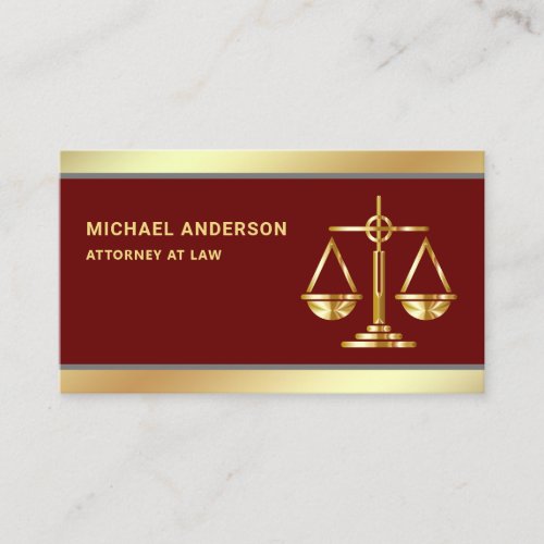 Dark Red Gold Justice Scale Lawyer Attorney Business Card