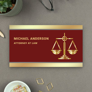 Dark Red Gold Justice Scale Lawyer Attorney Business Card