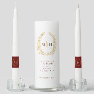Dark red gold leaf oval wreath monogram wedding unity candle set