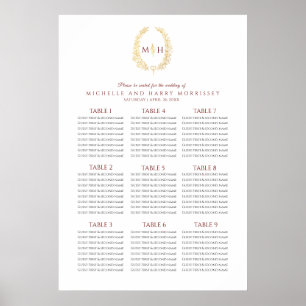 Dark red gold leaves wreath wedding seating chart