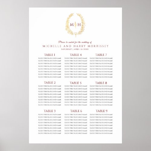 Dark red gold leaves wreath wedding seating chart