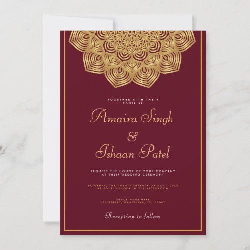 Dark Red Gold Mandala Ethnic Night Indian Wedding Invitation