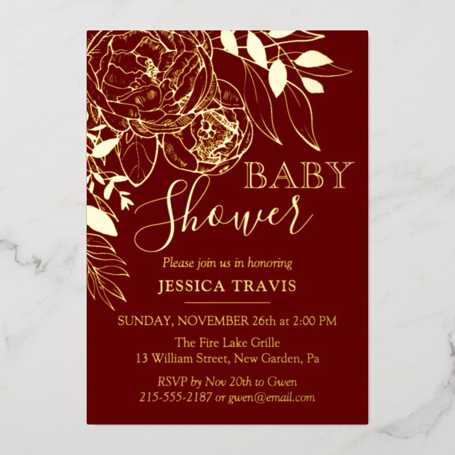 Dark Red & Gold Modern Floral Baby Shower Foil Invitation (Front)