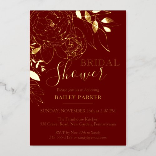 Dark Red  Gold Modern Floral Peony Bridal Shower Foil Invitation