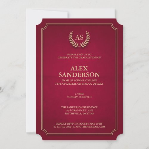 Dark Red  Gold MonogramLaurel Wreath Graduation Invitation