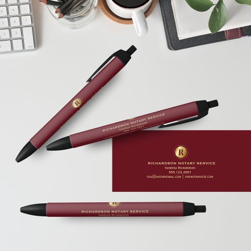 Dark Red  Gold Monogram Notary Business Promo Black Ink Pen