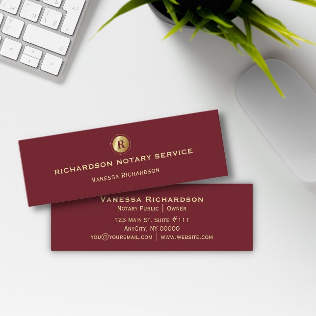 Dark Red & Gold Monogram Notary Business Promo Mini Business Card (Creator Uploaded)
