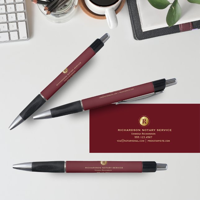 Dark Red & Gold Monogram Notary Business Promo Pen (Creator Uploaded)