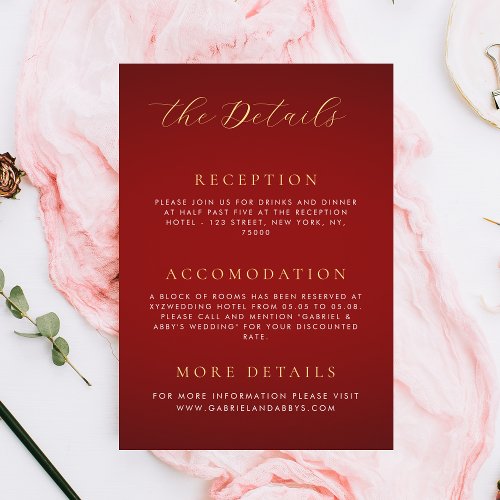 Dark Red  Gold Monogram Romantic Wedding Details Enclosure Card