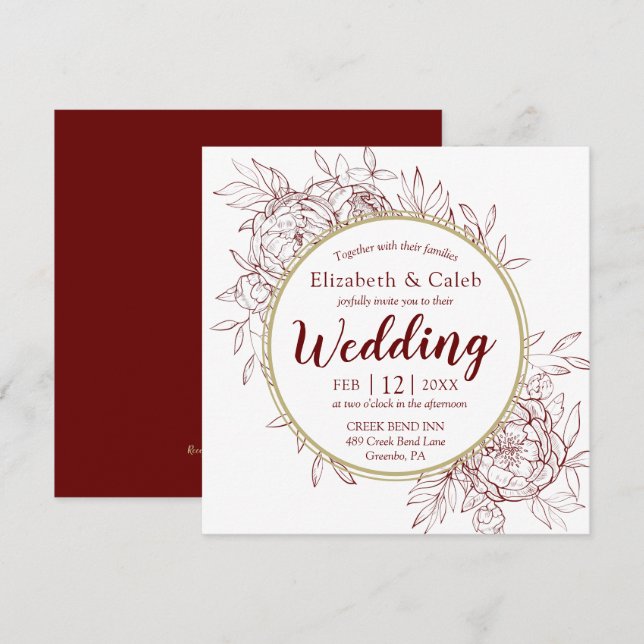 Dark Red & Gold Peony Modern Floral Toile Wedding Invitation (Front/Back)