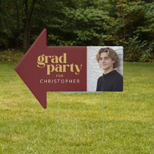 Dark Red Gold Photo Arrow Graduation Party Sign