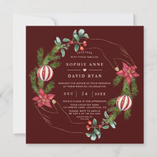 Dark Red Gold Pine Berry Christmas Wedding Invitation