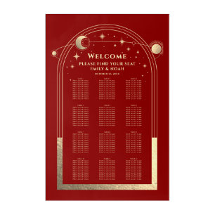 Dark Red Gold Sun Moon Stars Wedding Seating Chart Acrylic Print