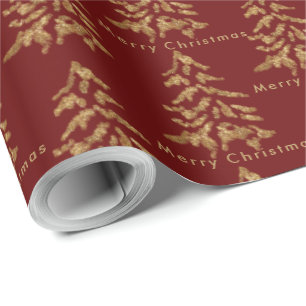 Dark Red Gold Trees Merry Christmas Wrapping Paper