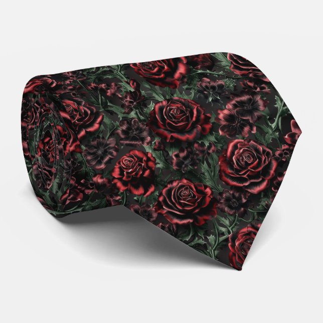 Dark Red Gothic Floral Pattern Neck Tie (Rolled)