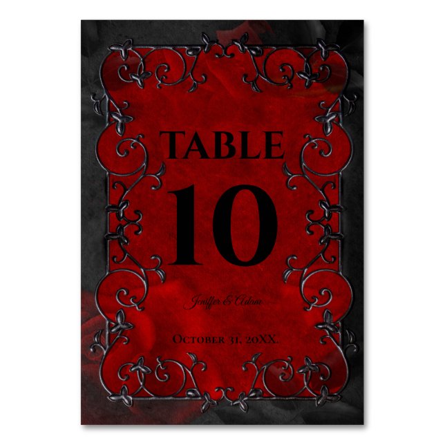 Dark Red Gothic Halloween Wedding Table Number (Front)