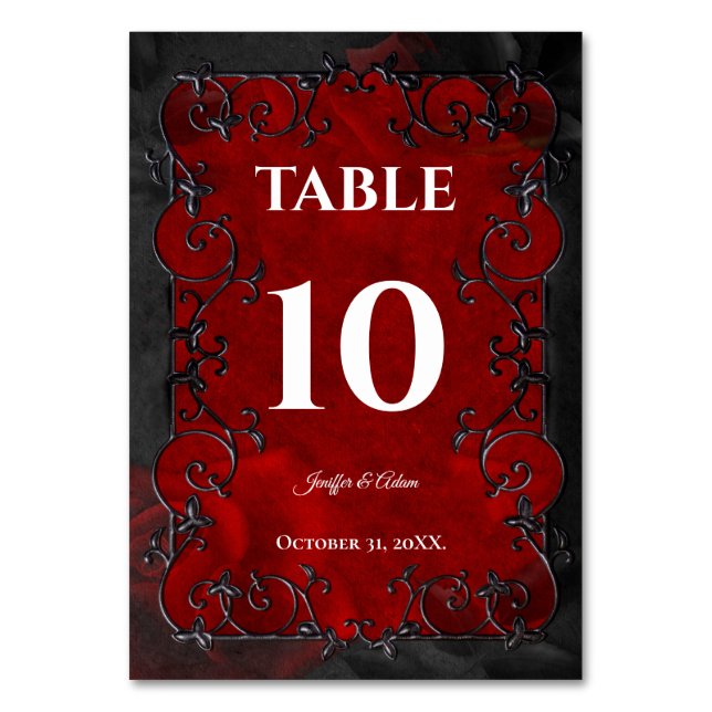 Dark Red Gothic Halloween Wedding Table Number (Front)