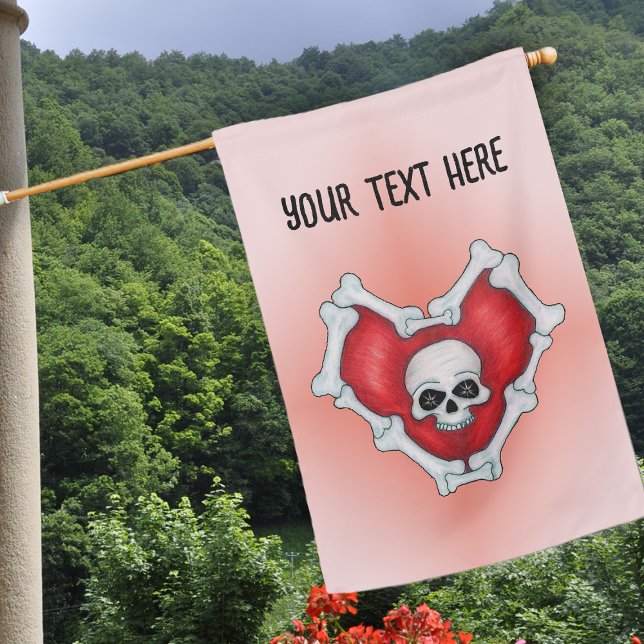 Dark Red Gothic Heart Bones Skull on Pink House Flag (Dark red Gothic heart outlined in white bones with Skull on shades of pink house flag decoration.)