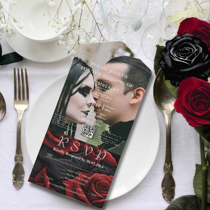 Dark Red Gothic Rose Floral on Black QR Code Photo All In One Invitation